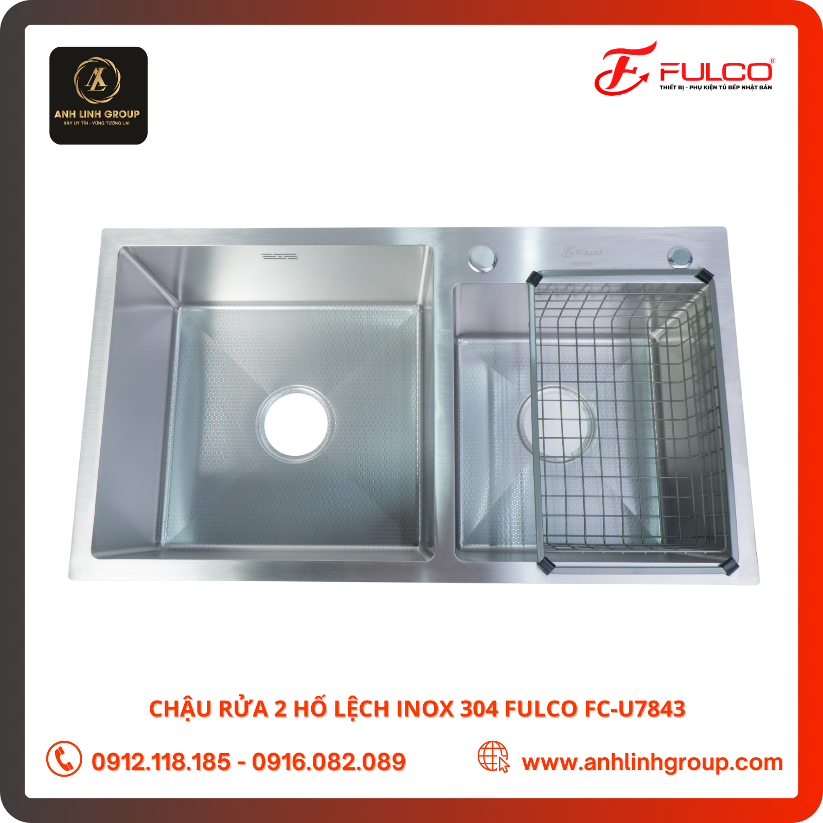 Chậu Rửa 2 Hố Lệch Inox 304 Fulco FC-U7843