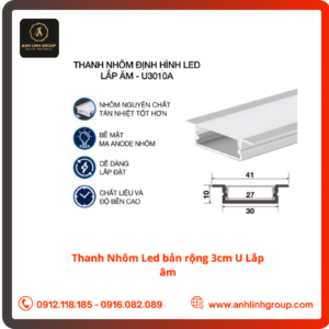 Thanh Nhôm Led bản rộng 3cm U Lắp âm (phần âm 2.5)